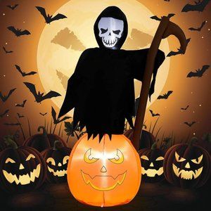5 Ft Grim Reaper Sickle Ghost Pumpkin Halloween Inflatable Blow Up LED lights
